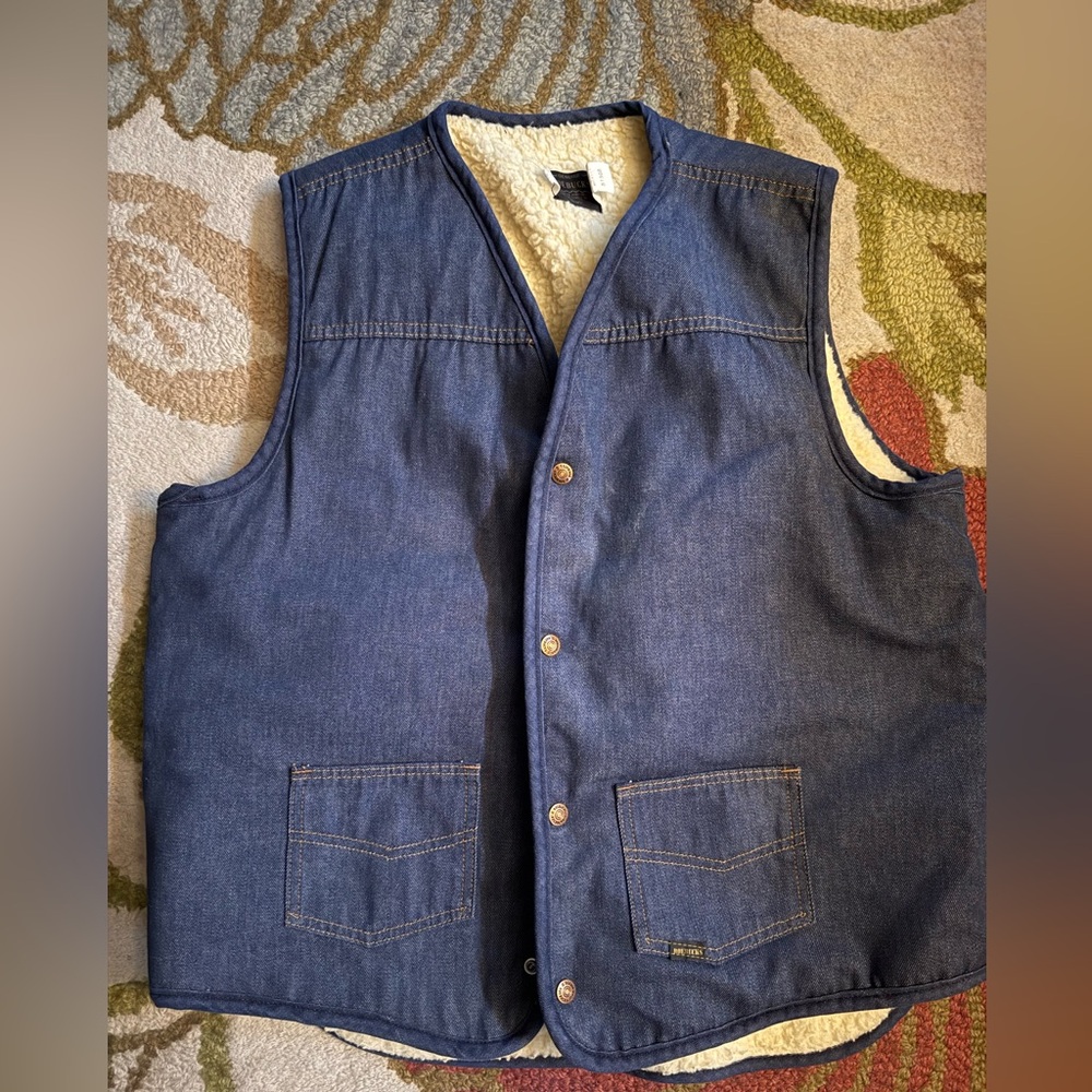 Vintage Sears Western Wear Sherpa Lined Jean Vest with Snaps XL.